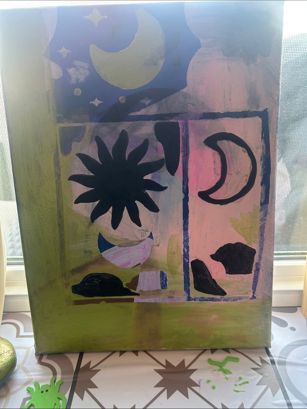 Hand-Painted Celestial Abstract Wall Art - Pink & Green